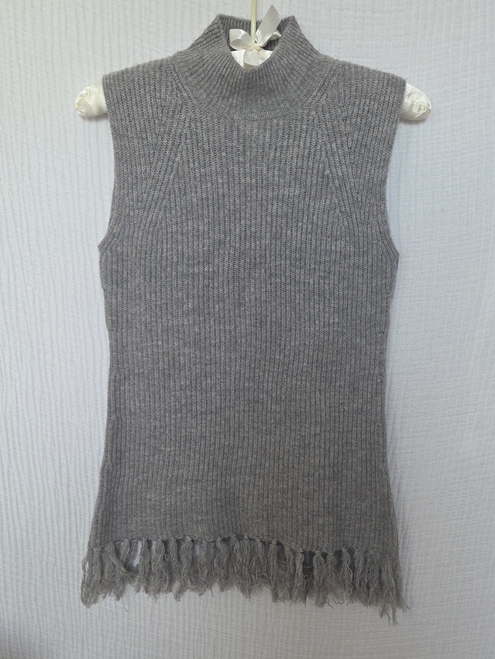 Milly Gray Sleeveless Mock Turtleneck Fringe-Hem Sweater - S